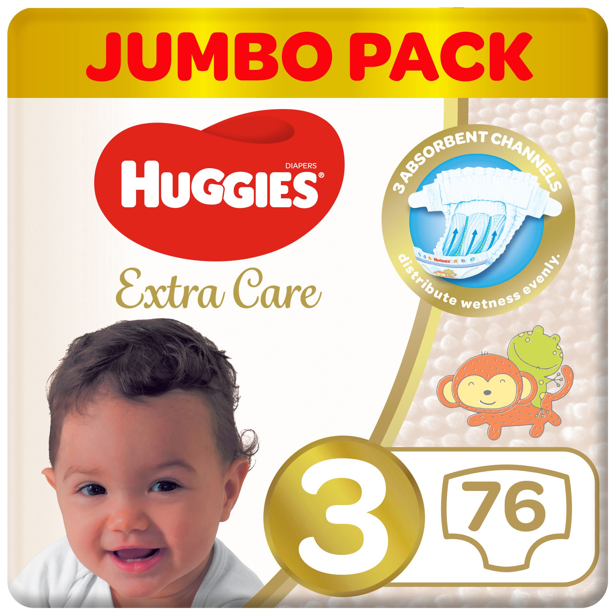 Huggies Extra Care, Size 3, 4 - 9 kg, Jumbo Pack, 76 Diapers