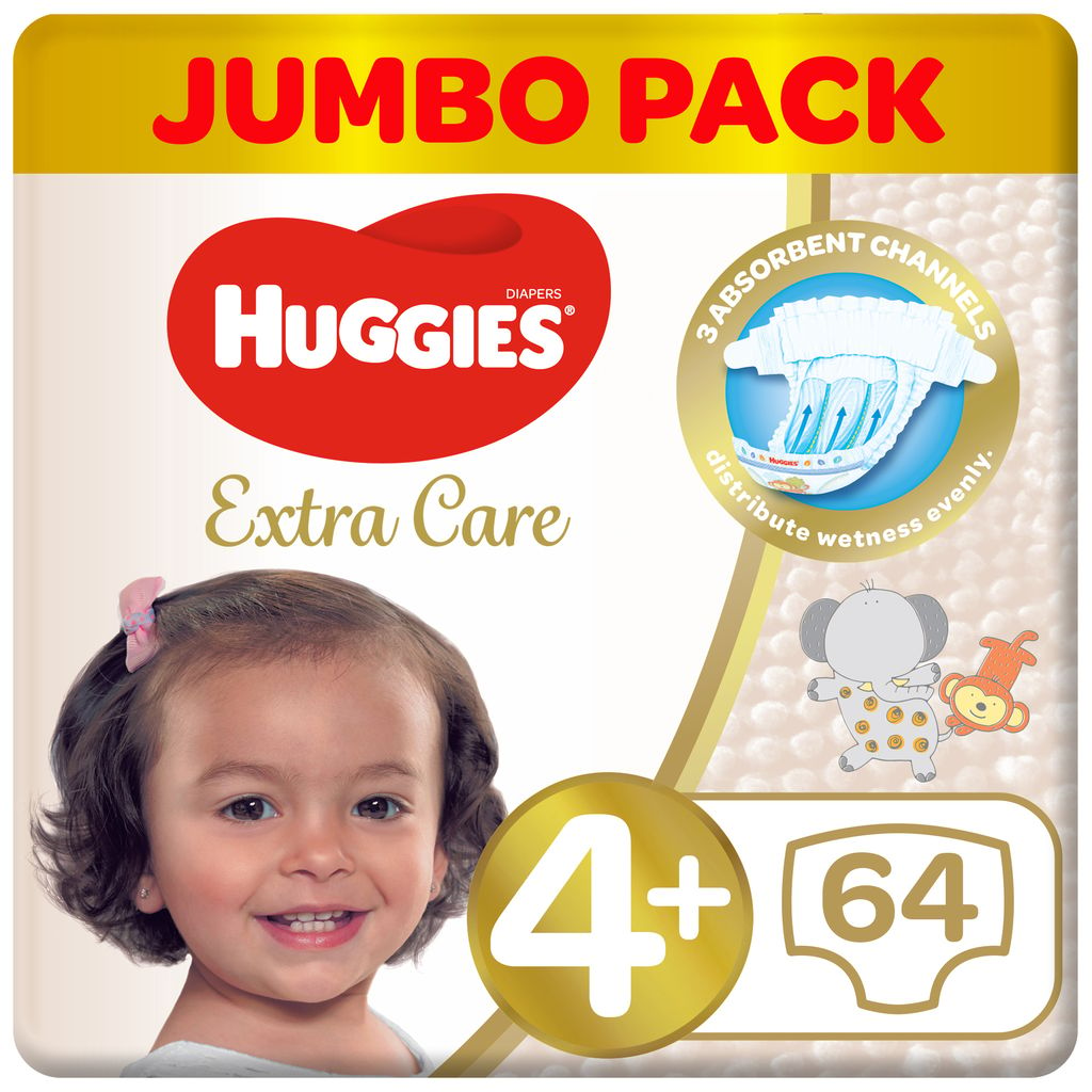 Huggies Extra Care, Size 4+, 10 -16 kg, Jumbo Pack, 64 Diapers