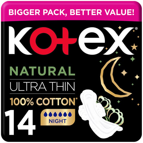 Kotex Natural Ultra Thin Pads, 100% Cotton Pad, Overnight Protection Sanitary Pads with Wings, 14 Sanitary Pads