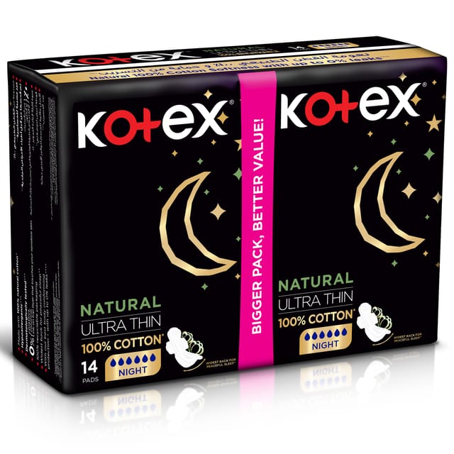 Kotex Natural Ultra Thin Pads, 100% Cotton Pad, Overnight Protection Sanitary Pads with Wings, 14 Sanitary Pads