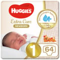 Huggies Extra Care Newborn, Size 1, Up to 5 kg, Jumbo Pack, 64 Diapers