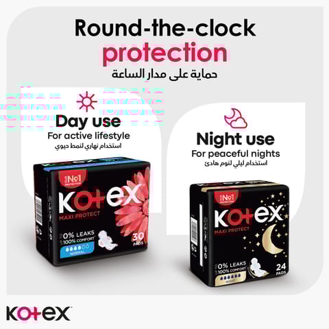 Kotex Maxi Protect Thick Pads, Normal Size Sanitary Pads with Wings, 30 Sanitary Pads