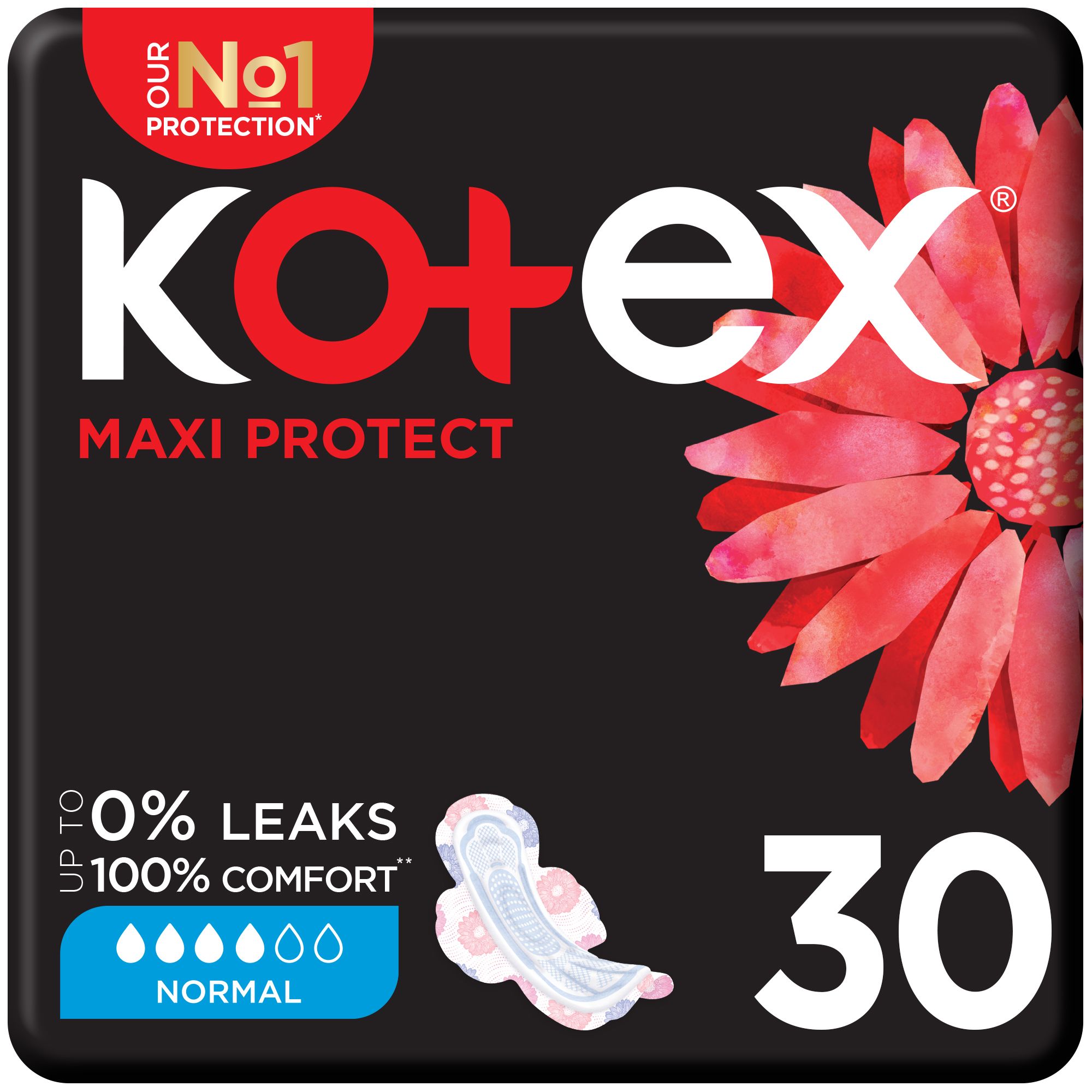 Kotex Maxi Protect Thick Pads, Normal Size Sanitary Pads with Wings, 30 Sanitary Pads