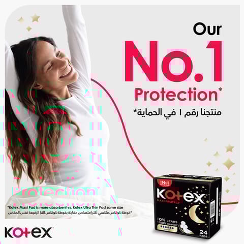 Kotex Maxi Protect Thick Pads, Overnight Protection Sanitary Pads with Wings, 8 Sanitary Pads