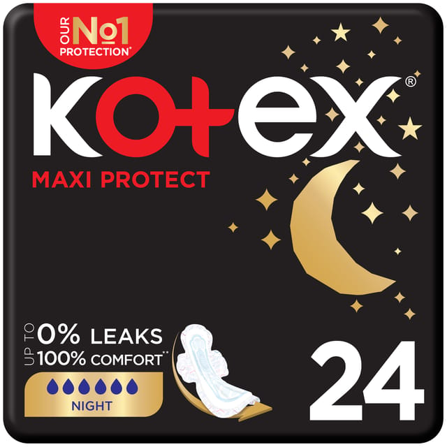 Kotex Maxi Protect Thick Pads, Overnight Protection Sanitary Pads with Wings, 24 Sanitary Pads