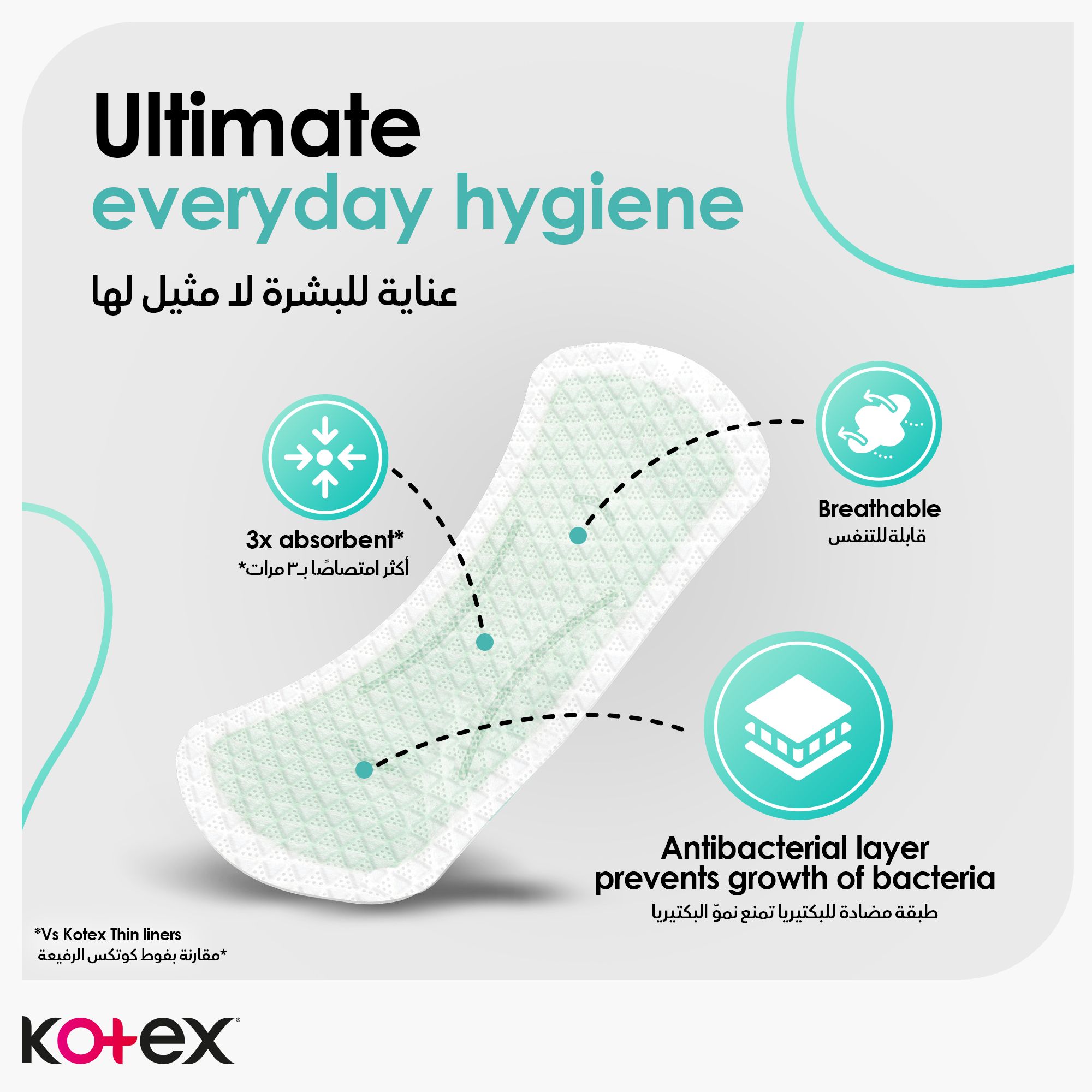 Kotex Antibacterial Panty Liners, 99% Protection from Bacteria Growth, Long Size, 20 Daily Panty Liners