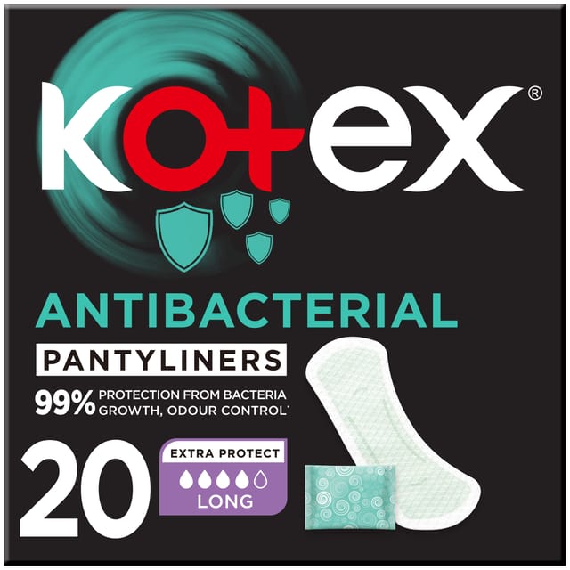 Kotex Antibacterial Panty Liners, 99% Protection from Bacteria Growth, Long Size, 20 Daily Panty Liners