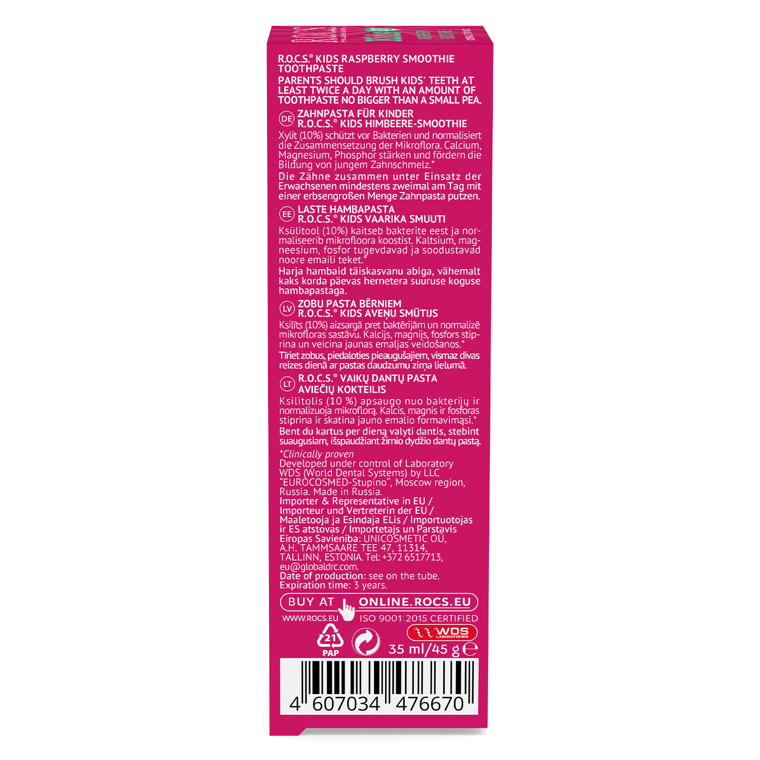 R.O.C.S Toothpaste Kids Raspberry Smoothie For Children 3-7 Years
