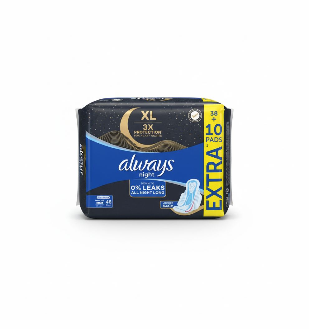 Always Night All Night Long Sanitary Pads with Wings, 48 Count